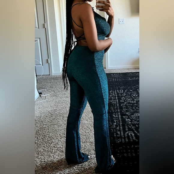 Blue Glitter Lace-Up Back Jumpsuit - Picture 4 of 7